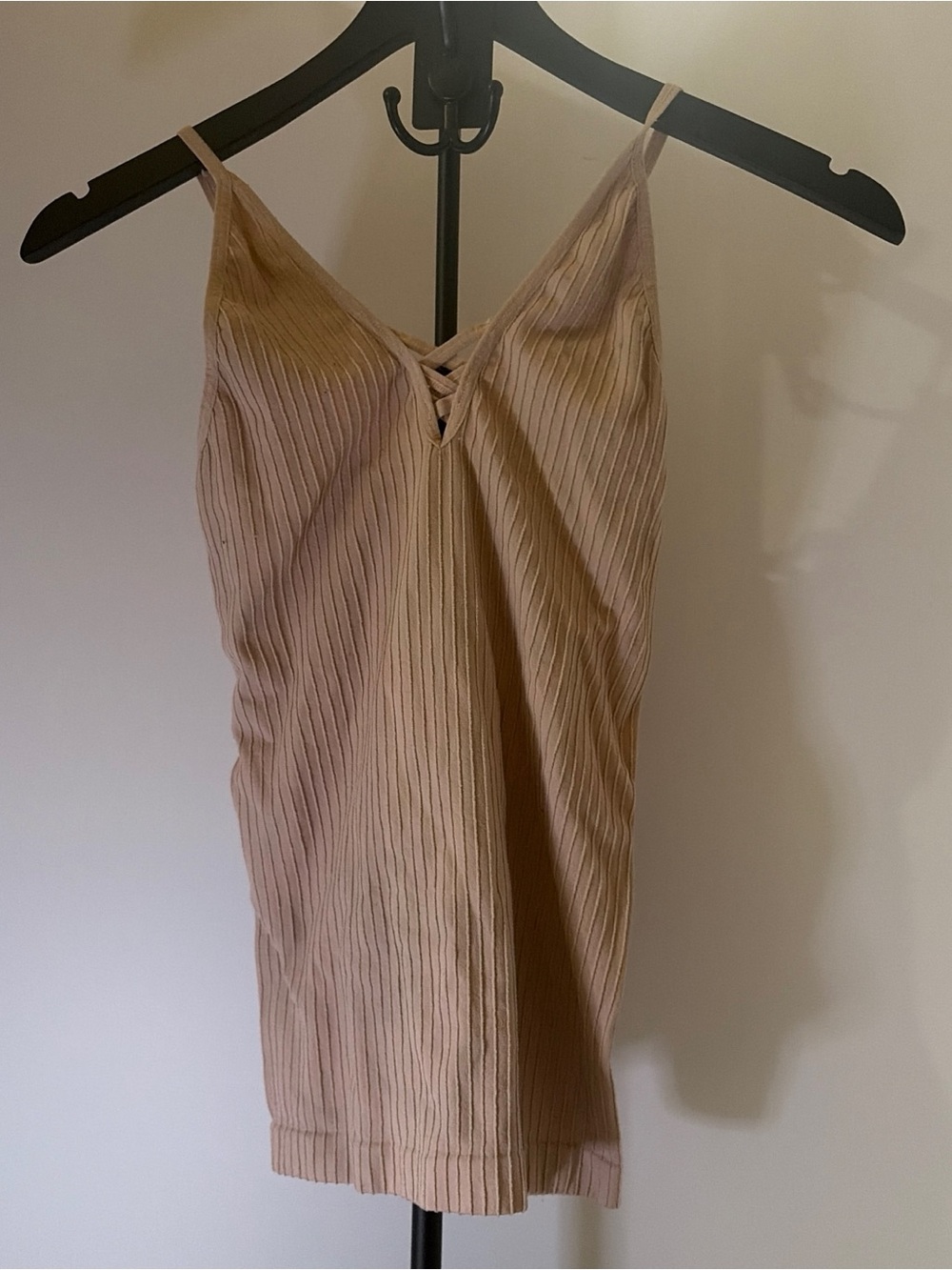 Beige Ribbed V-Neck Tank Top